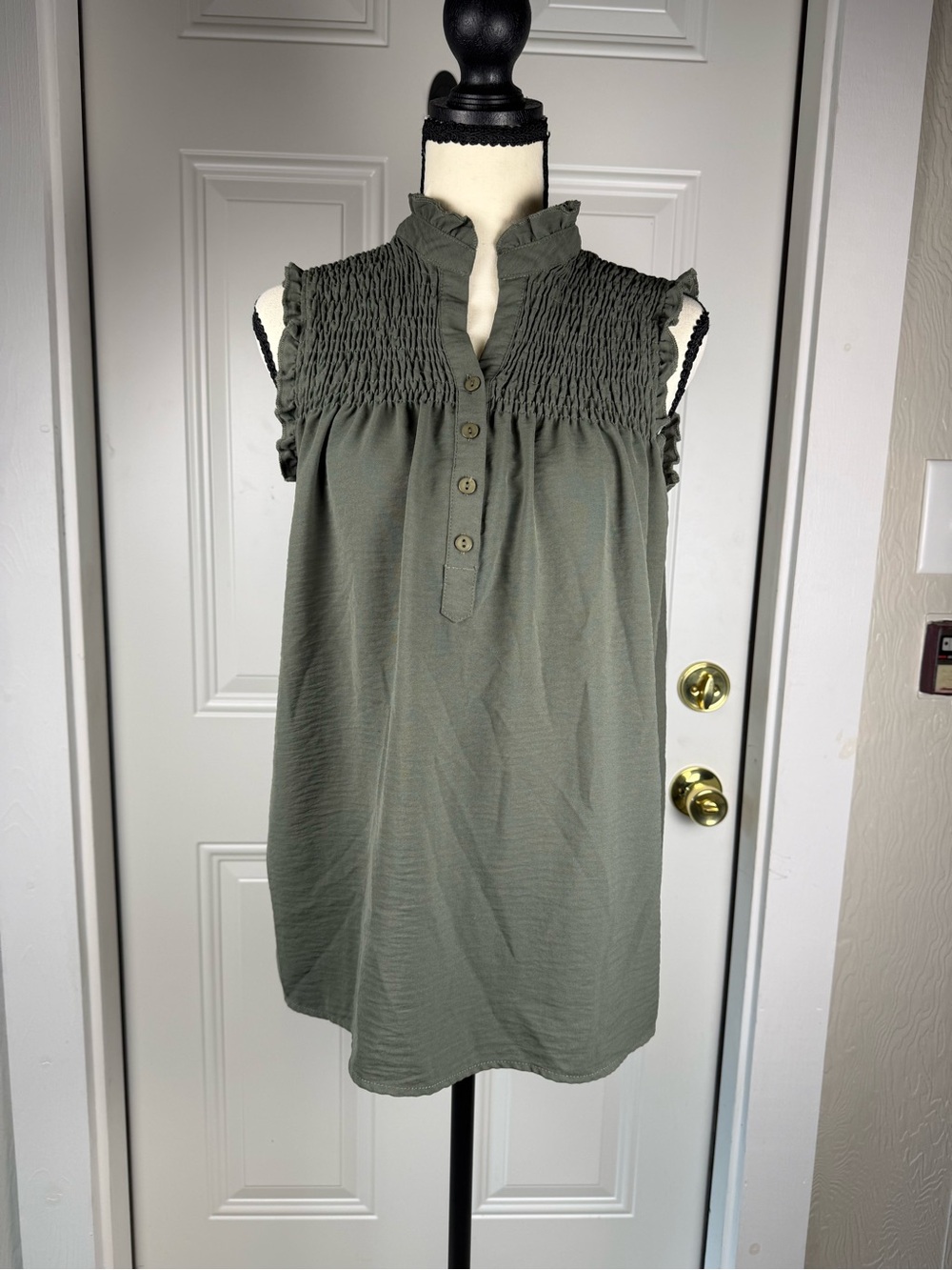 Sleeveless Smocked Yoke Tunic in Olive